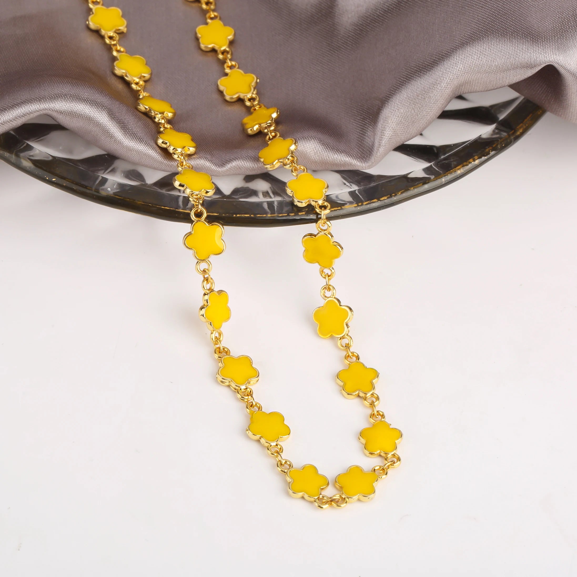 Classic 7 Color Copper Drip Oil Five-Leaf Flower Bracelet Necklace Pentagram Jewelry Set For Women Wedding Party Daily Wear Qme 12