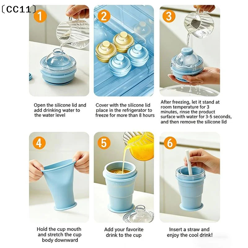 Portable Foldable Ice Ball Cup Built-in Straw Food-grade Silicone Qme