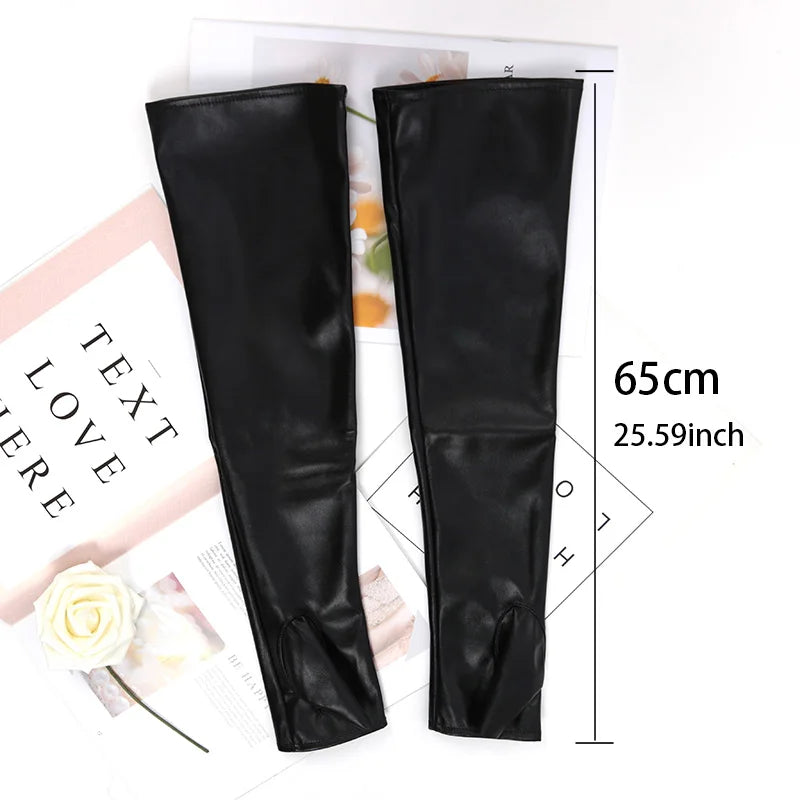 Women Sexy Long Fingerless Gloves Pu Leather Punk Rock Black Hip Pop Qme