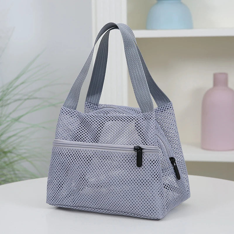 Fashion Solid Color Mesh Handbag Travel Toiletry Bag Large Capacity Cosmetic Bag Portable Sports Swimming Storage Bags Qme Gray