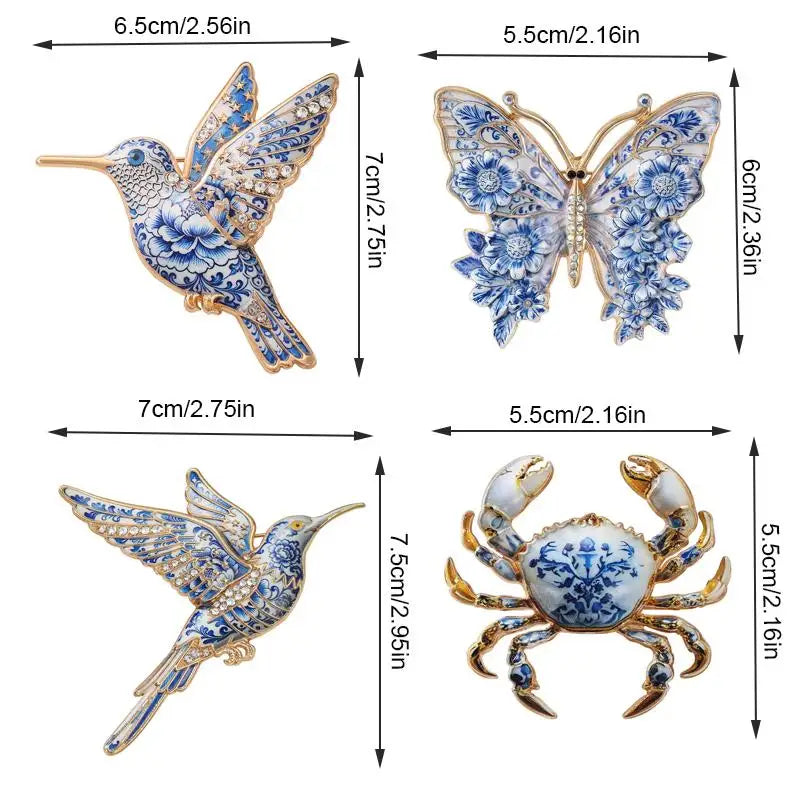 Chinese Blue White Porcelain Pattern Brooch Elegant Floral Animal Design for Cheongsam Banquet Outfit Decor Lapel Pin Qme