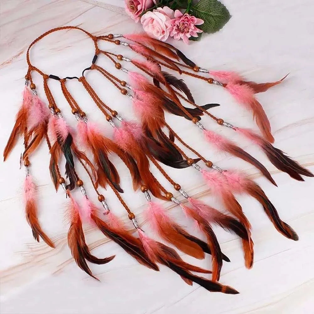 Synthetic Braided Cord Boho Feather Headpiece Vibrant Orange Plumage Adjustable Slide Bead Tribal Hair Extension Secure Fit Band Qme Pink