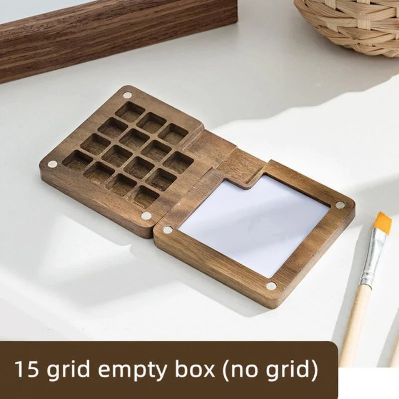 Handmade Portable Wooden Watercolor Paint Box Magnetic Suction Qme 15Grid