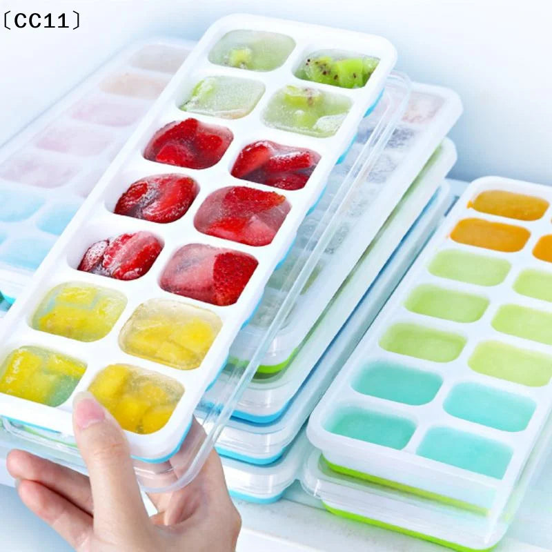 14-Grid Ice Cube Trays Silicone Mold Removable Lid DIY Homemade Qme