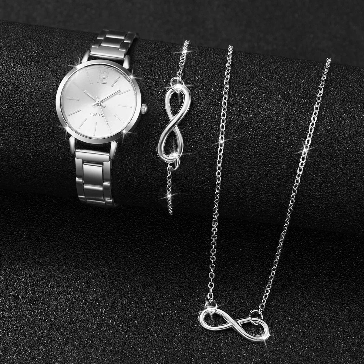 3Pcs Women Simple Stainless Steel Infinity Jewelry Watch Gift Set Qme