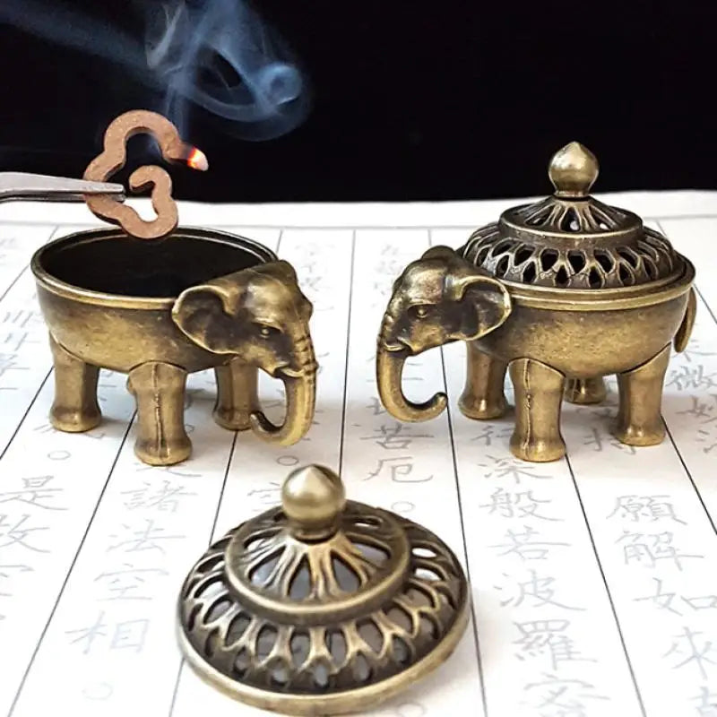 Elephant Lucky Incense Burner Metal Lotus Bowl Holder Handle Yoga Qme