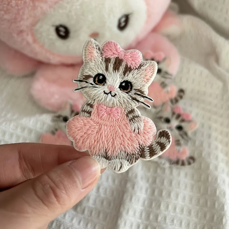 Cute Pink Bow Cat Embroidery Patch Self-adhesive Iron On Patches for Clothing Jeans Backpack DIY Sewing Apparel Sticker Qme