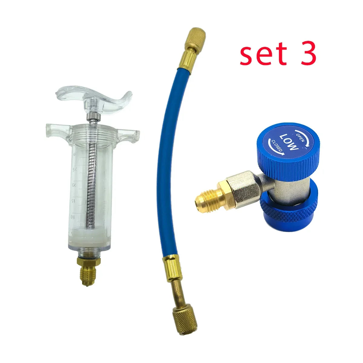 Car A/C Oil/Dye Injector 30Ml 1Oz with Low Side Quick Coupler Adapter 1/4 Air Conditioning Automotive Oiler Injection Syringe Qme SET 3