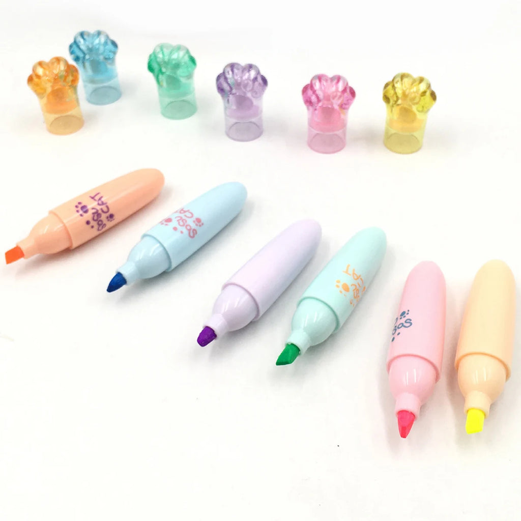 6Pcs Kawaii Mini Cat Claw Highlighter Pen Set Cute Fluorescent Marker Pen School Office Art Stationery Supplie Qme