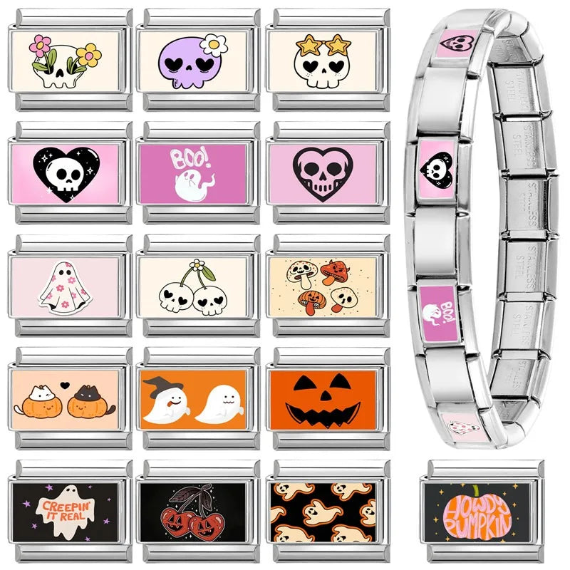 New 2025 Halloween Skull Hands Pumpkin Cats Ghost Italian Charms Links Beads Fit 9mm Stainless Steel Modular Bracelet Jewelry Qme