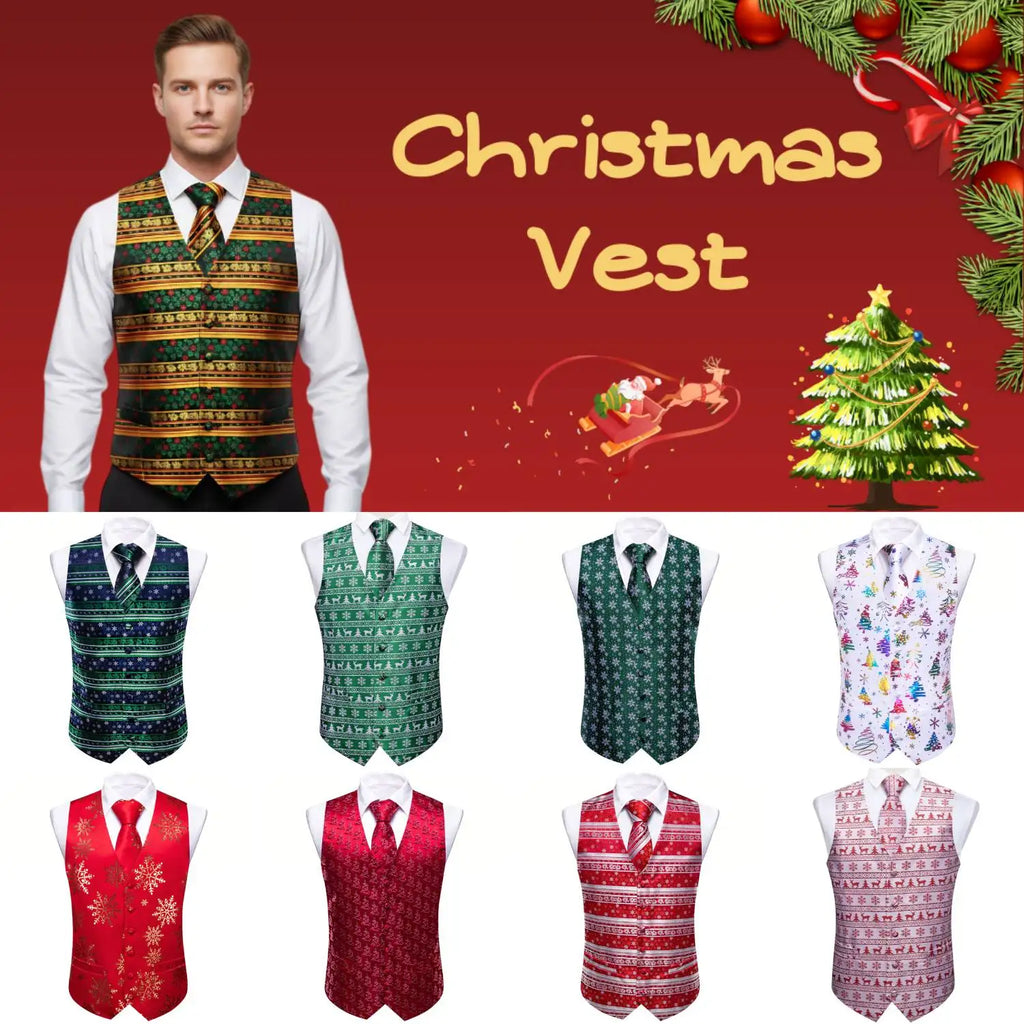 Christmas Colorful Men Vest Tie Pocket Square Cufflinks Set 4 Pieces Xmas Wedding Party Suit Accessories Gifts for Dad Boyfriend Qme