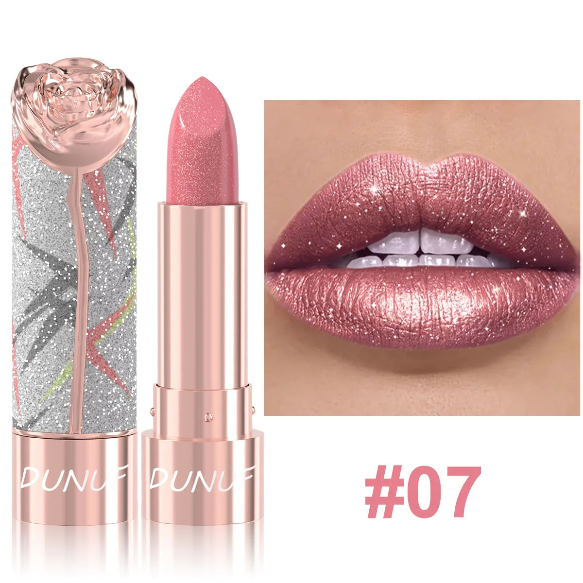 7 Colors Metallic Shimmer Lipstick, Gold Sparkle 3D Glitter Lip Makeup, High Pigment Velvet Matte Long Lasting Pearl Lipstick Qme 07