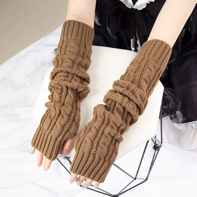 Women's Winter Mitten Knitted Arm Warmers Long Fingerless Gloves Qme Dark Khaki Length -50cm