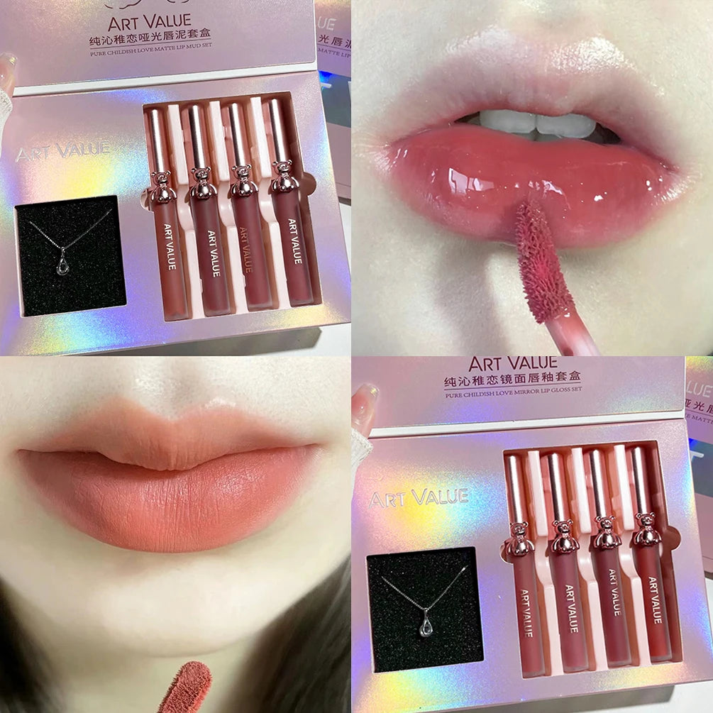 ART VALUE Matte Liquid Lipstick Sets Moisturizing Sexy Red Lipgloss Makeup Mirror Lip Glaze Cosmetics For Women With Necklace Qme