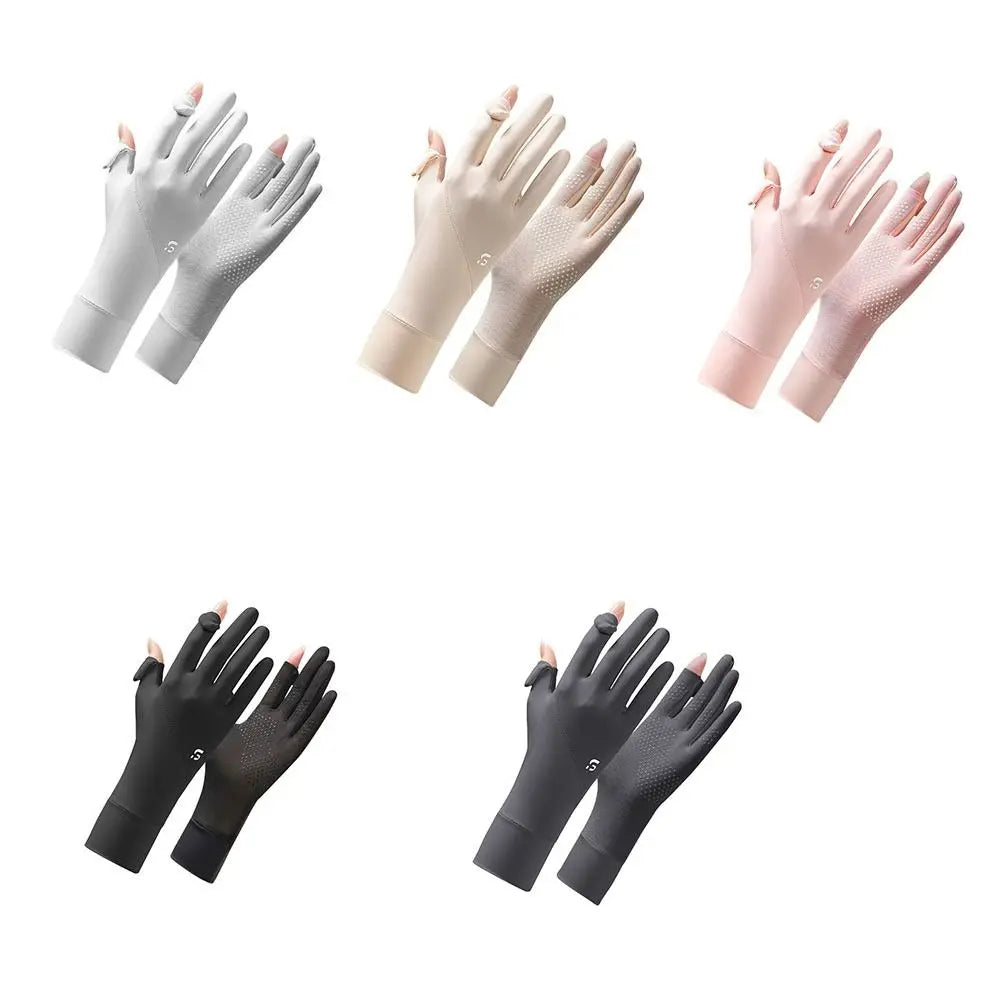 Ice Silk Women Sunscreen Gloves Thin Elastic Touch Screen Ice Silk Gloves Exposed Finger Breathable Cycling Driving Gloves Qme