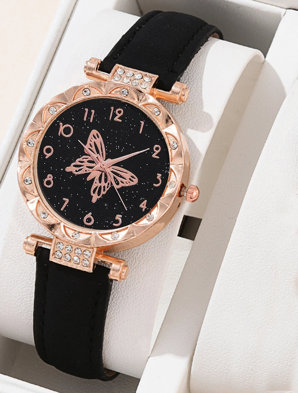 Casual fashion big black butterfly ladies quartz watch and alloy butterfly set every day dress gift Qme