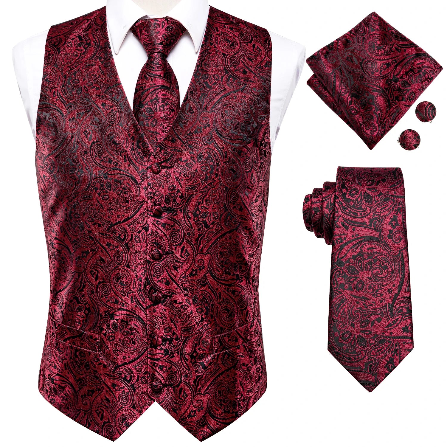 Mens Suit Vest Tie Hanky Cufflinks Jacquard Floral Paisley Waistcoat