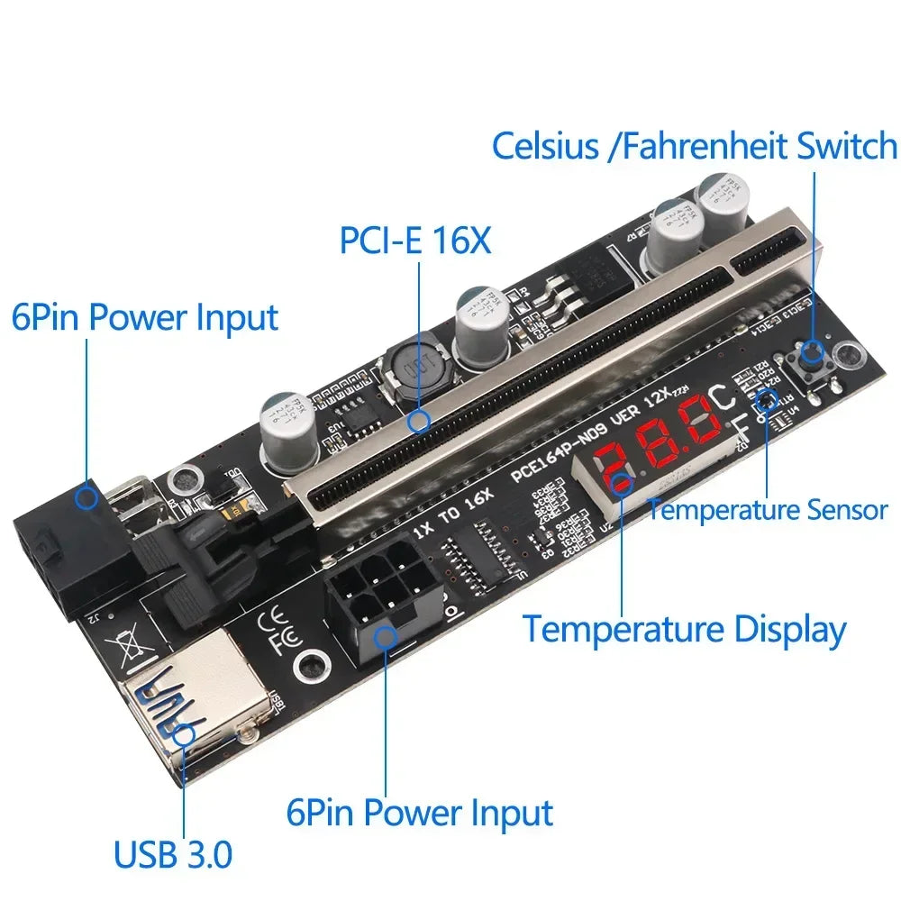 009S PLUS 12X VER Graphics Card Extension Cable with Temperature Digital Display Dual 6PIN Qme