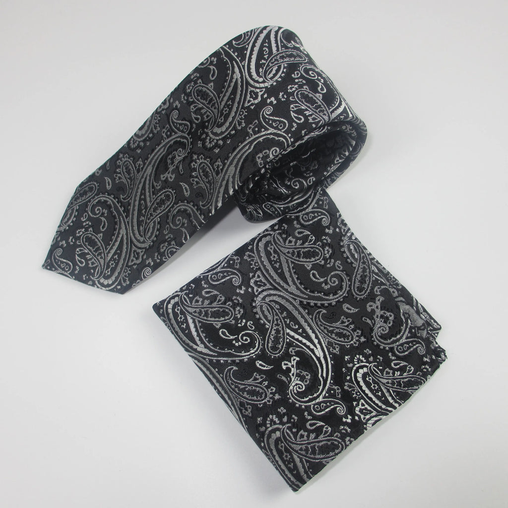 Men's Tie Pocket Square Paisley Flower Dots Hankerchief Narrow Thin Qme black