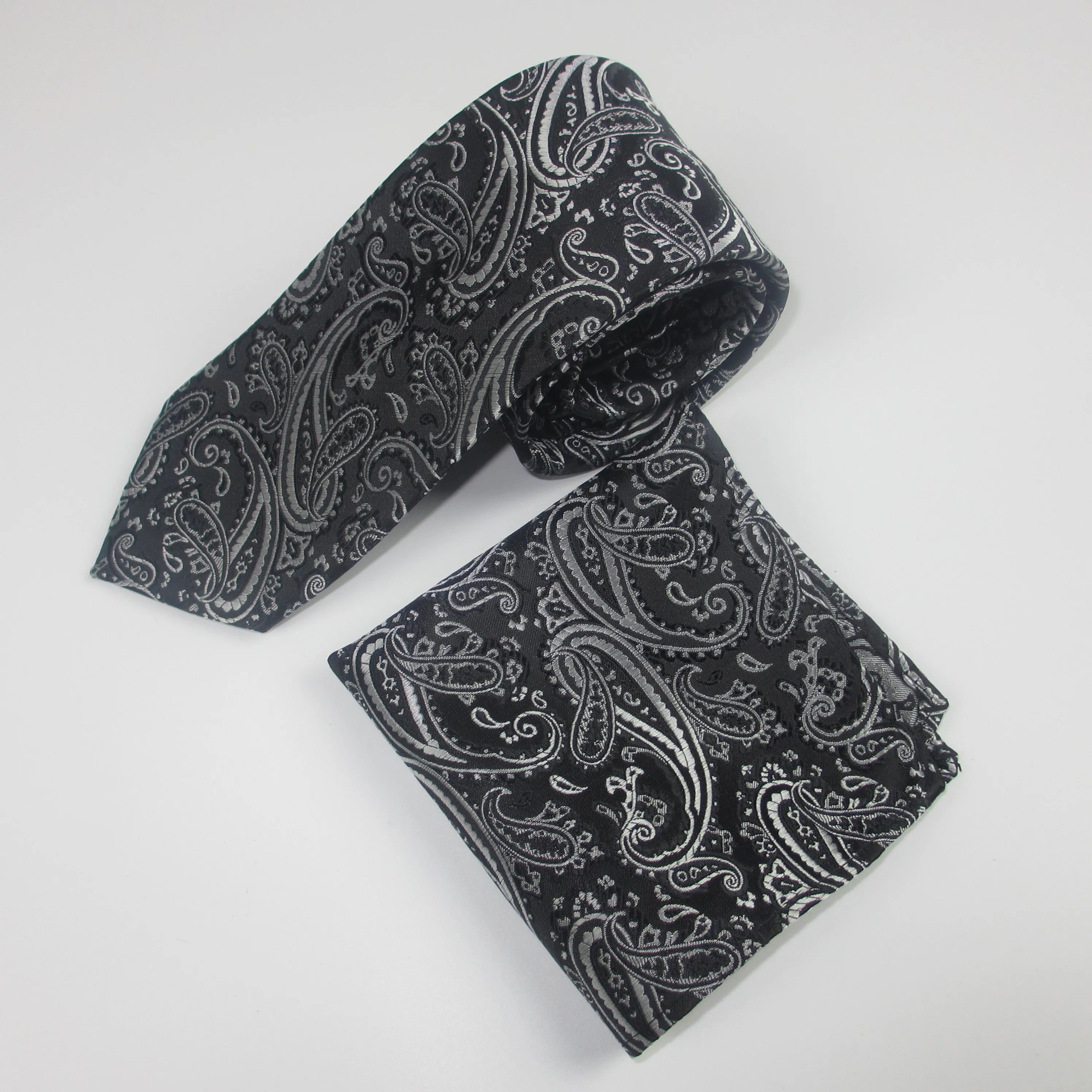 Men's Tie Pocket Square Paisley Flower Dots Hankerchief Narrow Thin Qme black