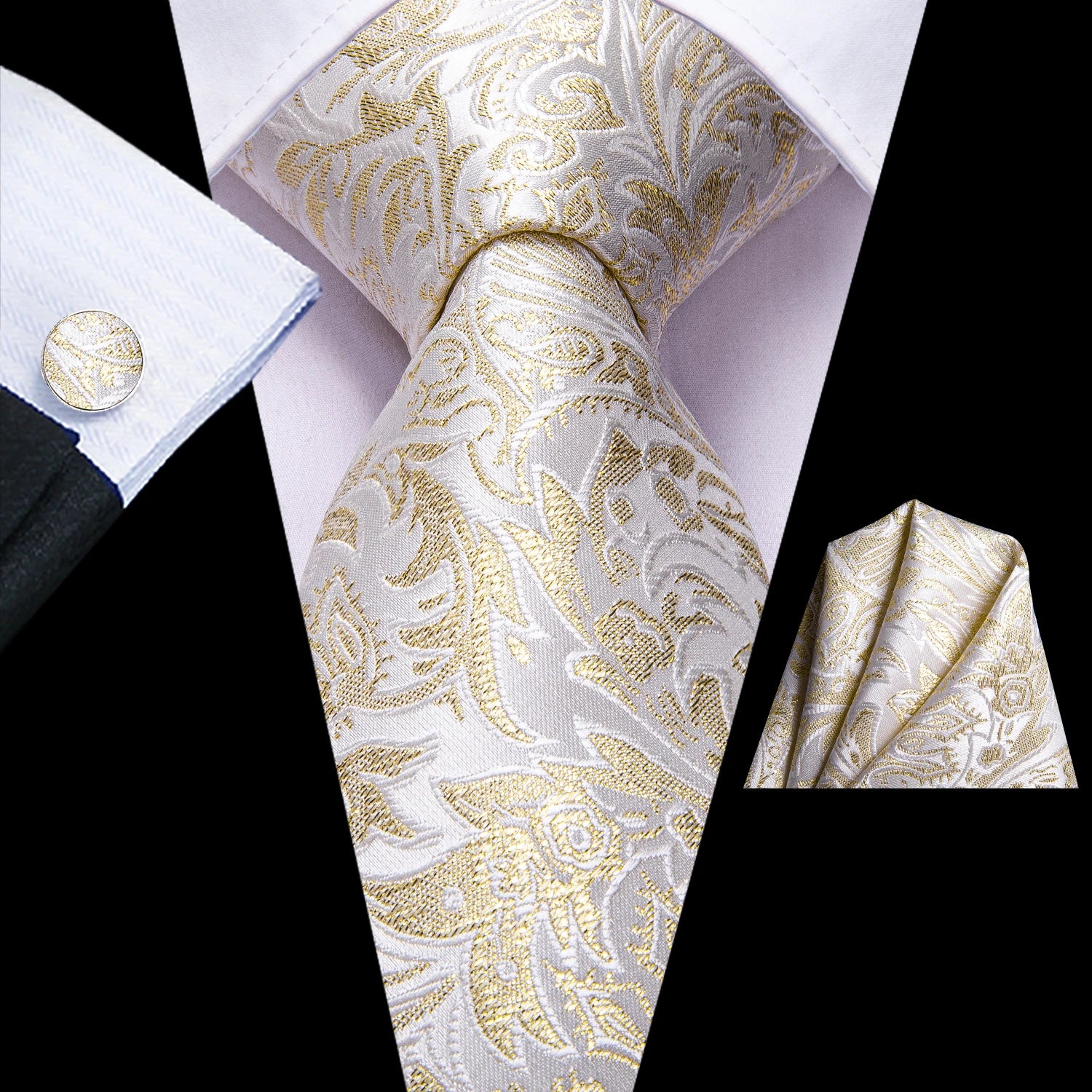 Men Luxury Champagne Necktie Set Including Pocket Square & Cufflinks Party Daily Outfit Qme LDSN3350