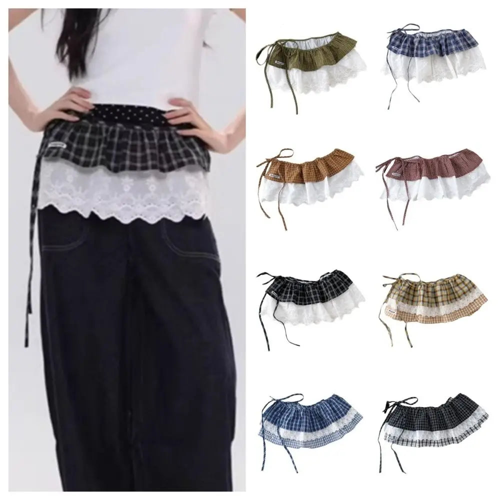 Sweet Balletcore Plaid Fart Curtain Korean Lace Up Mini Skirts Qme