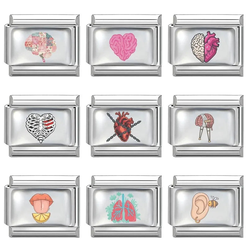 Fashion Y2K Lips Heart Brain Lungs Ears Colorful Italian Charm Links Stainless Steel Fit 9mm Bracelet Jewelry DIY Making Gifts Qme