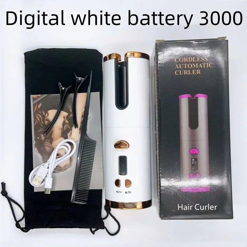 Automatic Hair Curler Wireless With Heat Timer Modes Rechargeable Portabl Fast Heating Styler For Perfect Curls Every Time Qme White battery 3000