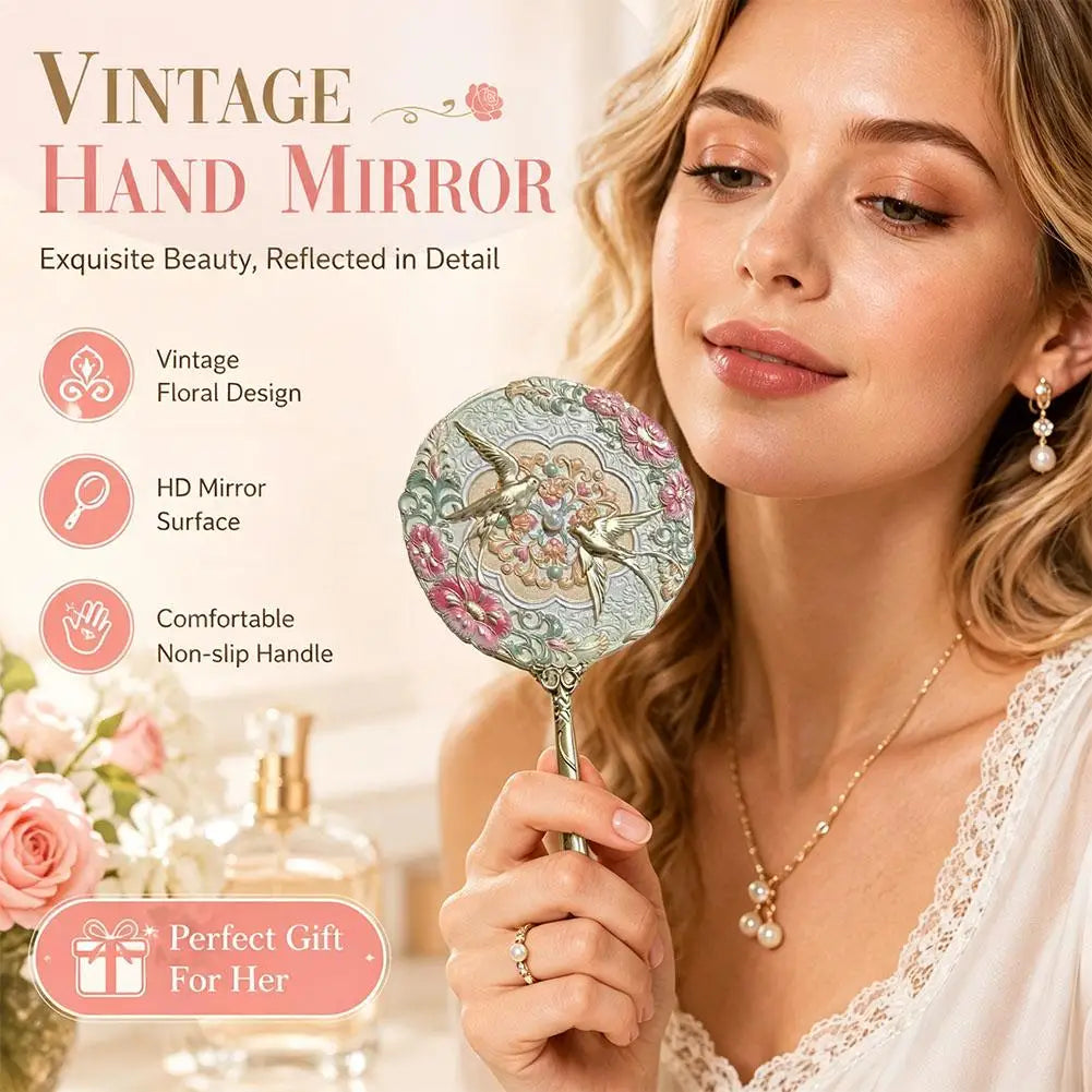 Vintage Chinese Mirror Hand Fancy Pretty Princess Handheld Long Qme