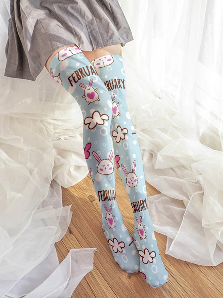 Cartoon Bear Rabbit Pattern 3D Printing Ladies Stockings Kawaii Sweet Qme