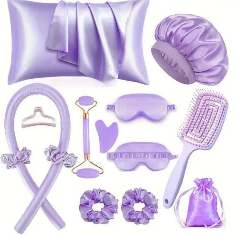 No Heat Curling Wand Set Lazy Summer Cool Silky Curls Kit with Shower Cap Eye Mask Easy Styling Hair Tool for Women Qme 13pcs purple