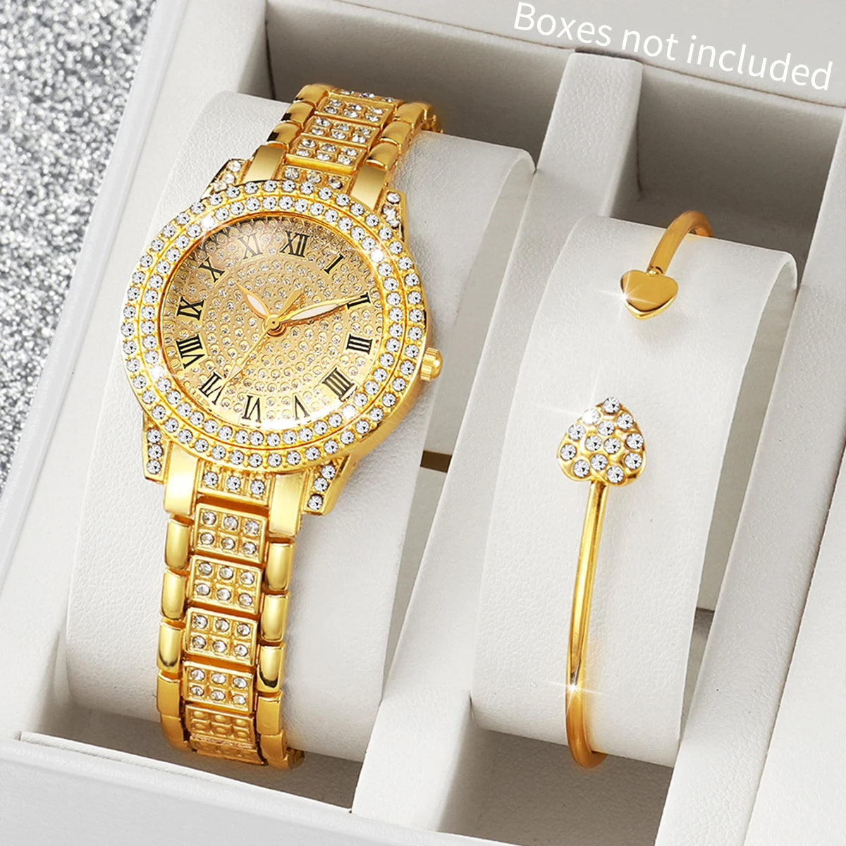 2/6PCS Luxury Rhinestone Women Watches Heart Jewelry Set Ladies Roma Dial Quartz Wristwatch Reloj Mujer Girls Clock(Without Box) Qme 2PCS Without Box