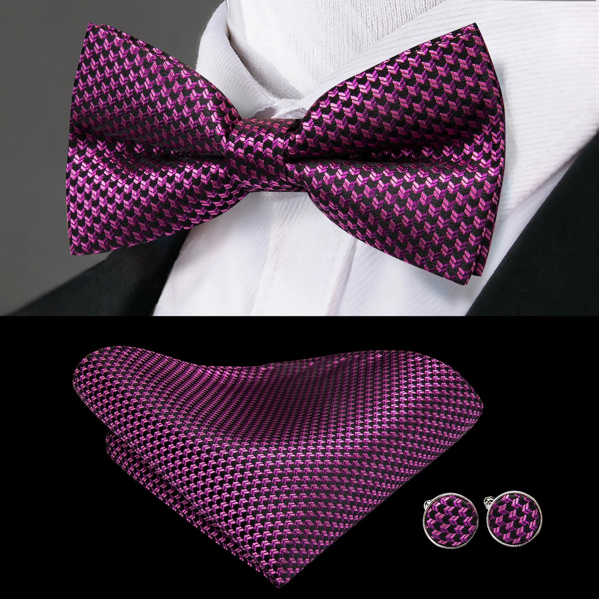 Hi-tie Grey Plaid Jacquard Pre-tied Mens Bow Tie Hanky Cufflinks