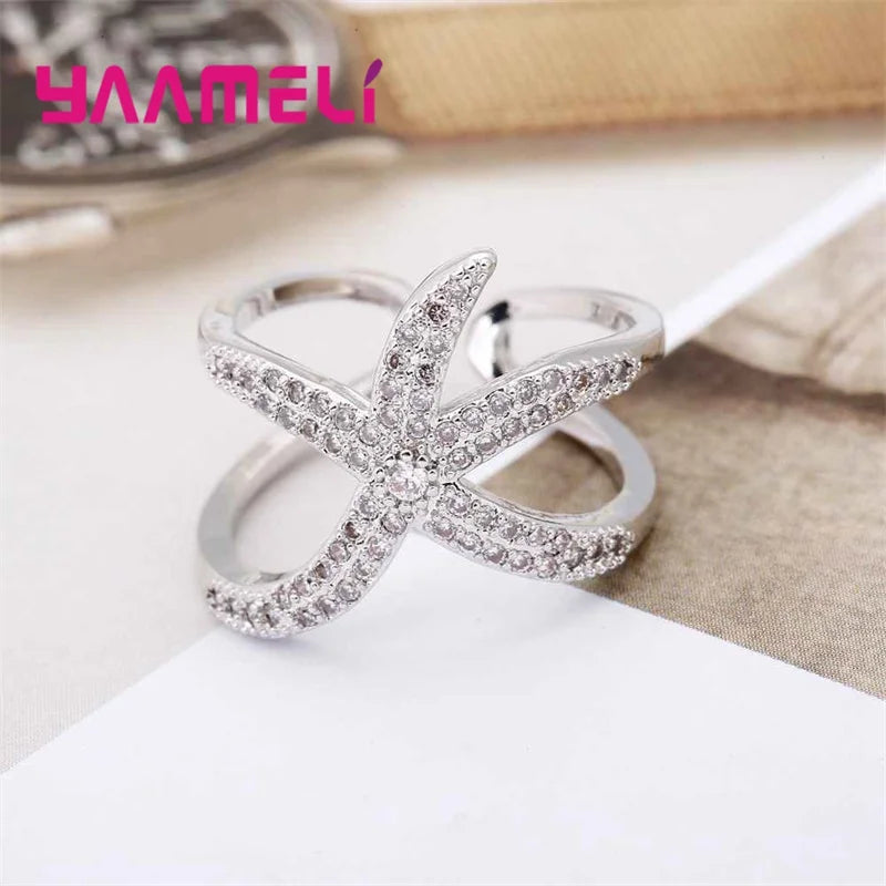 Newest Original 925 Sterling Silver Color Adjustable Ring Big Starfish Paved Shiny White Crystals Opening Rings Women Accessory Qme