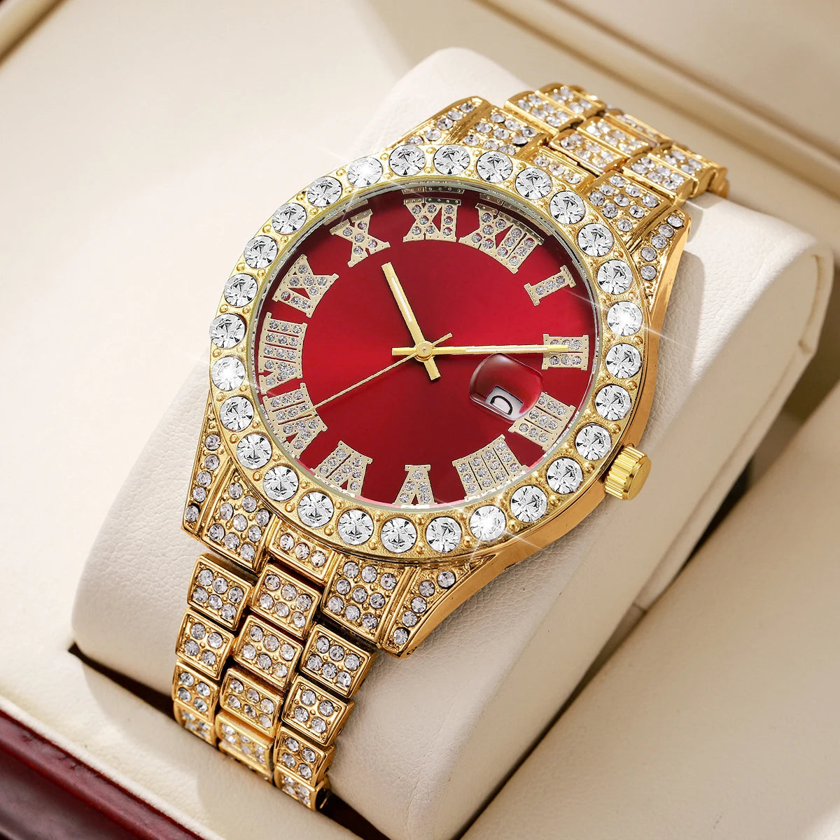 Men's Steel Band Quartz Watch Hip-Hop Business Steel Band Calendar Full Diamond Men's Watch Qme Gold Red No Box