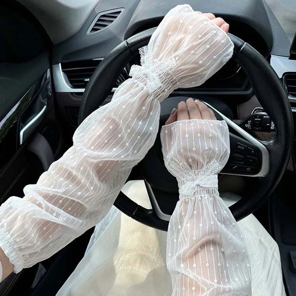 1 pair French Retro Bowknot Lace Sun Protection Sleeves Elastic Ruffle Trim Breathable Lightweight Fabric Mesh Arm Covers Qme