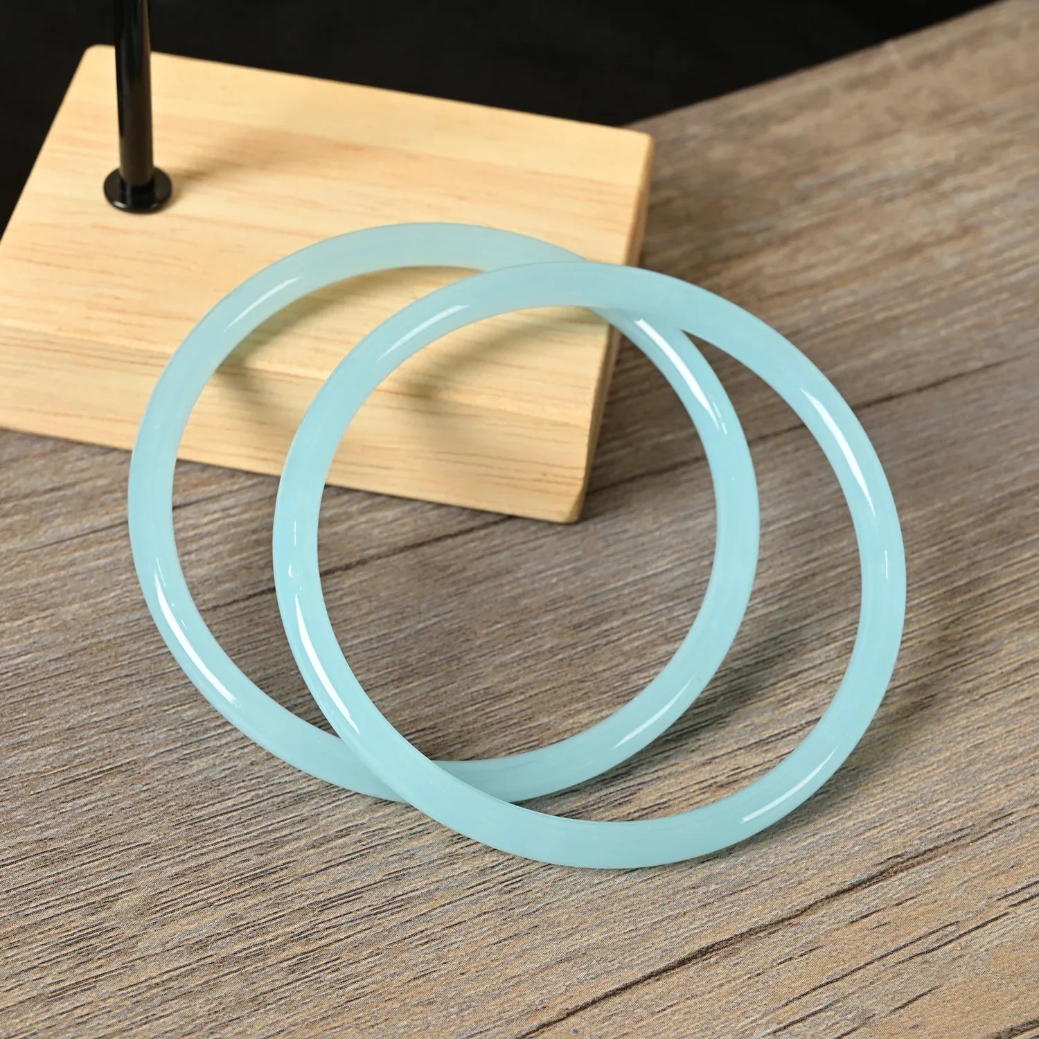2Pcs/Set Natural Jade Solid Color Jingle Bangles Retro Simple Glass Bracelet Femme Fashion Women's Casual China Jewelry Gifts Qme Light blue 58mm