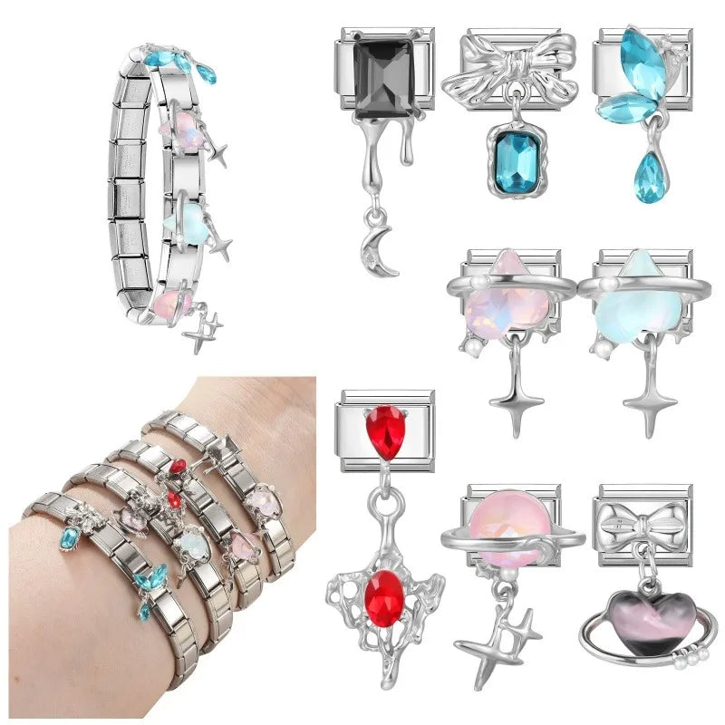 2026 New Shiny Zircon Candy Heart Star Bow Italian Charm Links Fit 9mm Stainless Steel Bracelet Women Jewelry DIY Making Gifts Qme