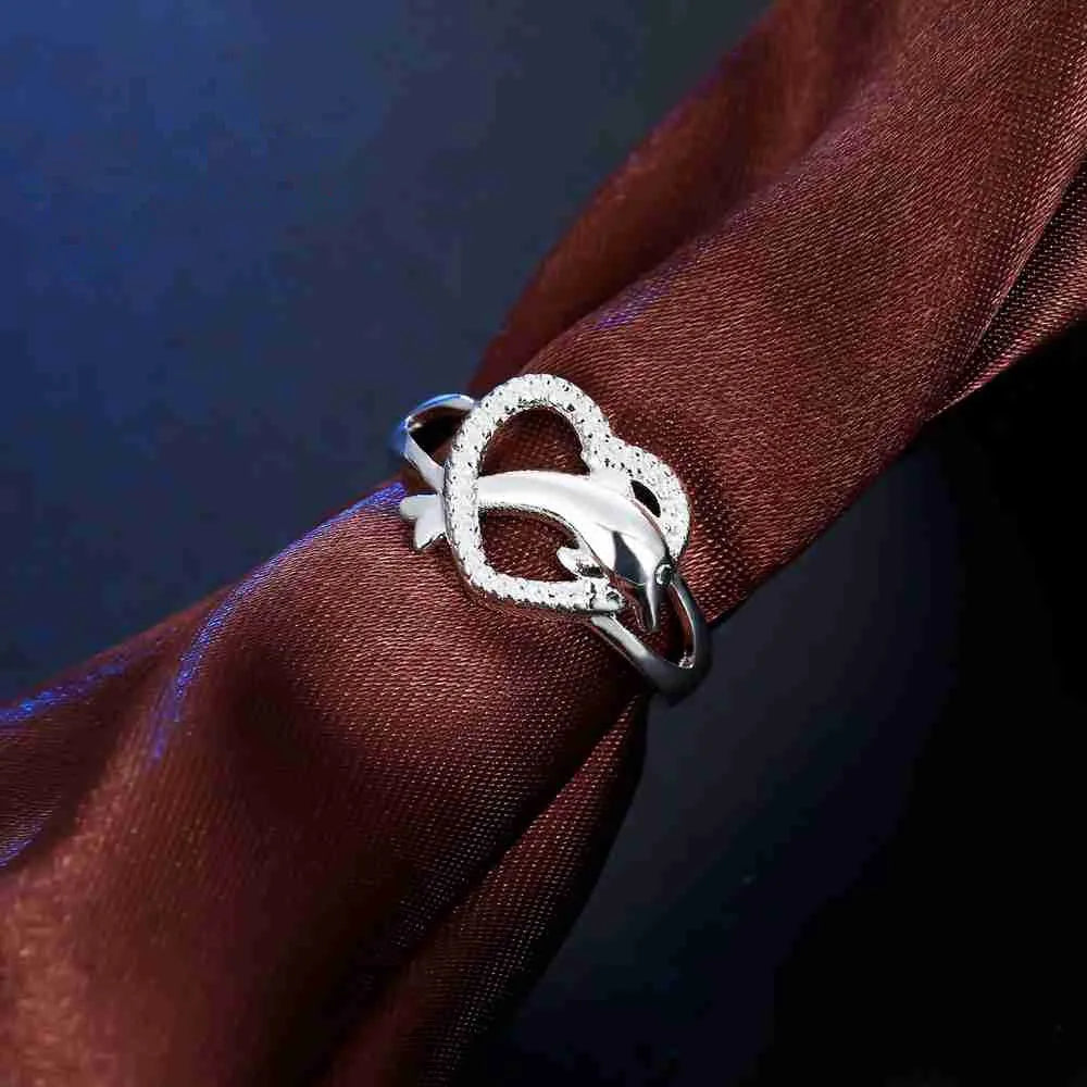 Dolphin Hollow Heart Low Key Exquisite Design Active Female Girl 100% 925 Sterling Silver Color Jewelry Accessories Rings Qme