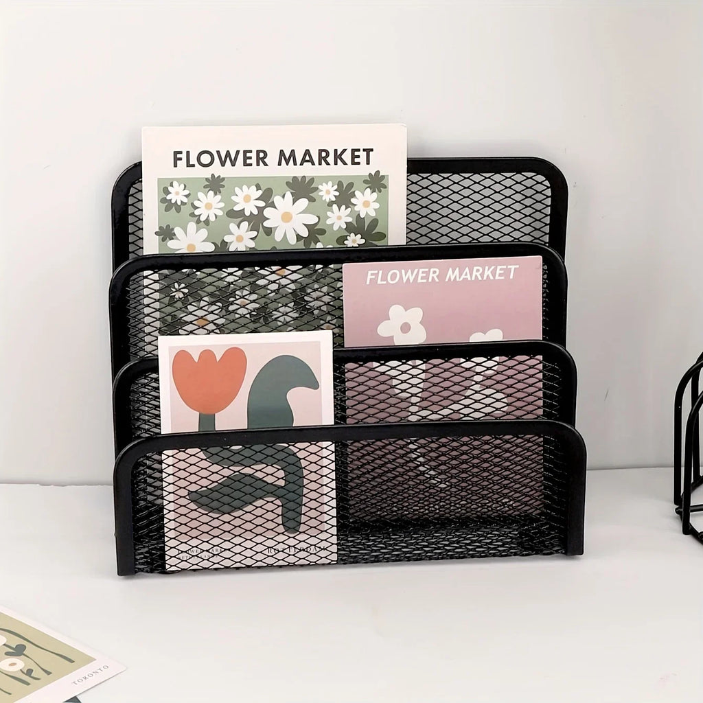 Multifunctional Office Desk Organizer Set - Metal Mesh File Rack, Letter Holder, Multi-Tier Bookshelf, Envelope and Card Stand Qme