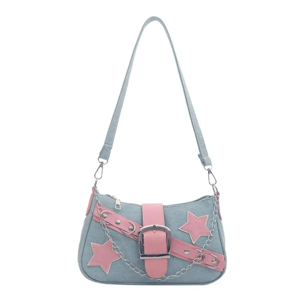 Fashion Women's Handbags Denim Stars Pattern Cool Girls Underarm Bag Female Small Shoulder Hobo Bags Chain Tote Bag Qme B
