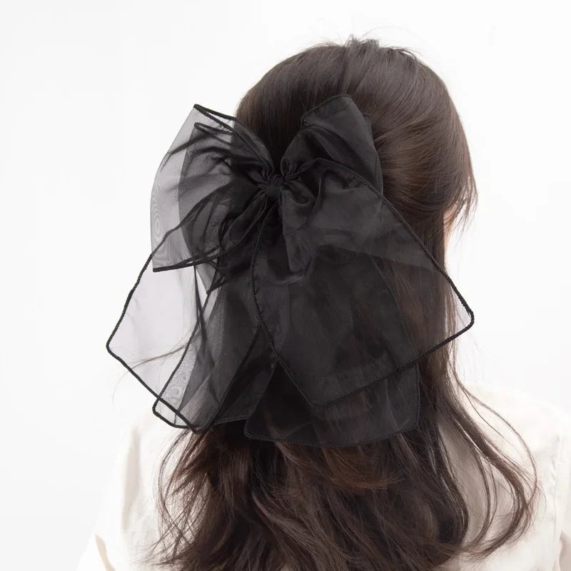 New Black Sweet Mesh Thin Gauze Big Bow Hair Claw Clip Women Bow Spring Clip Headwear Accessories Hair Clips Hairbows for Girls Qme black