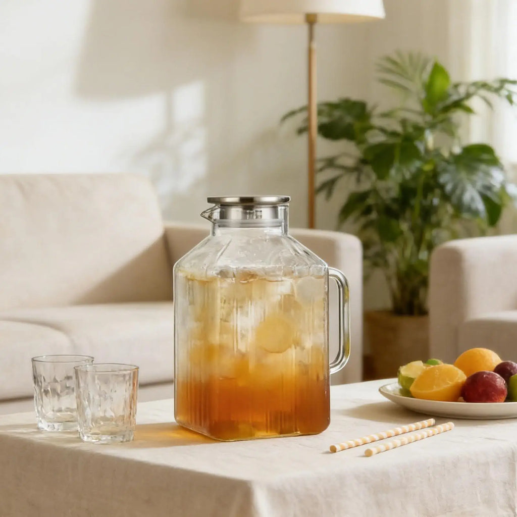 Glass Pitcher with Lid 3.8L Large Leakproof Glass Drink Pitcher Tea Jugs for Juice Iced Tea Homemade Beverage Coffee Fridge Qme