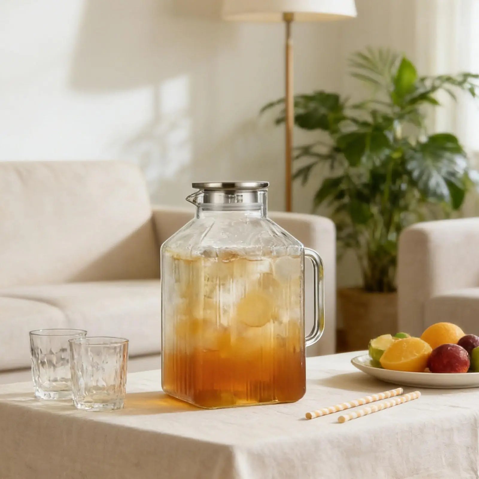 Glass Pitcher with Lid 3.8L Large Leakproof Glass Drink Pitcher Tea Jugs for Juice Iced Tea Homemade Beverage Coffee Fridge Qme