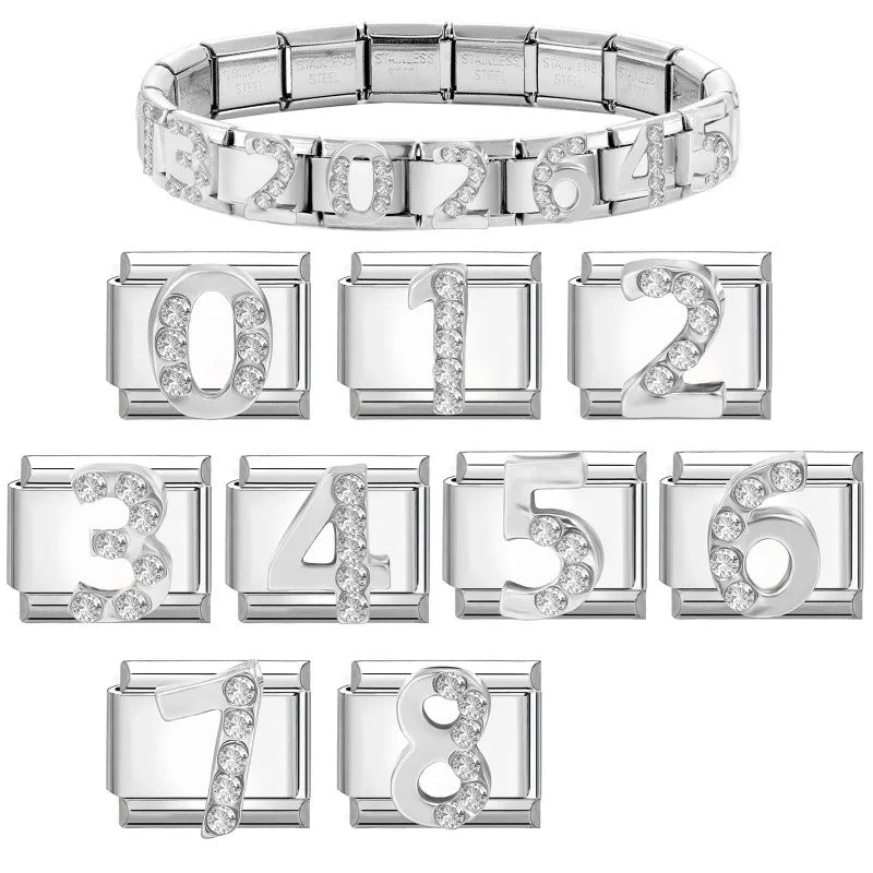 Hot Selling Shiny Zircon Numbers 0-9 Italian Charm Link 9mm Stainless Steel Modular Bracelet Jewelry Accessories DIY Wholesale Qme