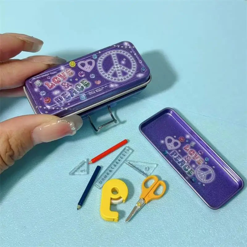 Dollhouse Miniature Double Layer Iron Pencil Box Pen Ruler Measuring Qme A4