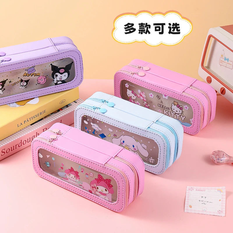 Hello Kitty Kuromi Transparent Double-Layer Pencil Case with Window Large-Capacity, Stylish Pencil Case Student Pencil Case Qme