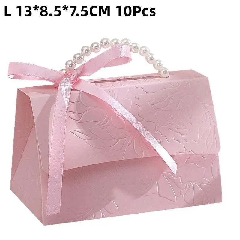 10PCS Pink Pearl Portable Gift Box Wedding Portable Ribbon Souvenir Wedding Candy Paper Box DIY Party Packaging Supplies Qme L