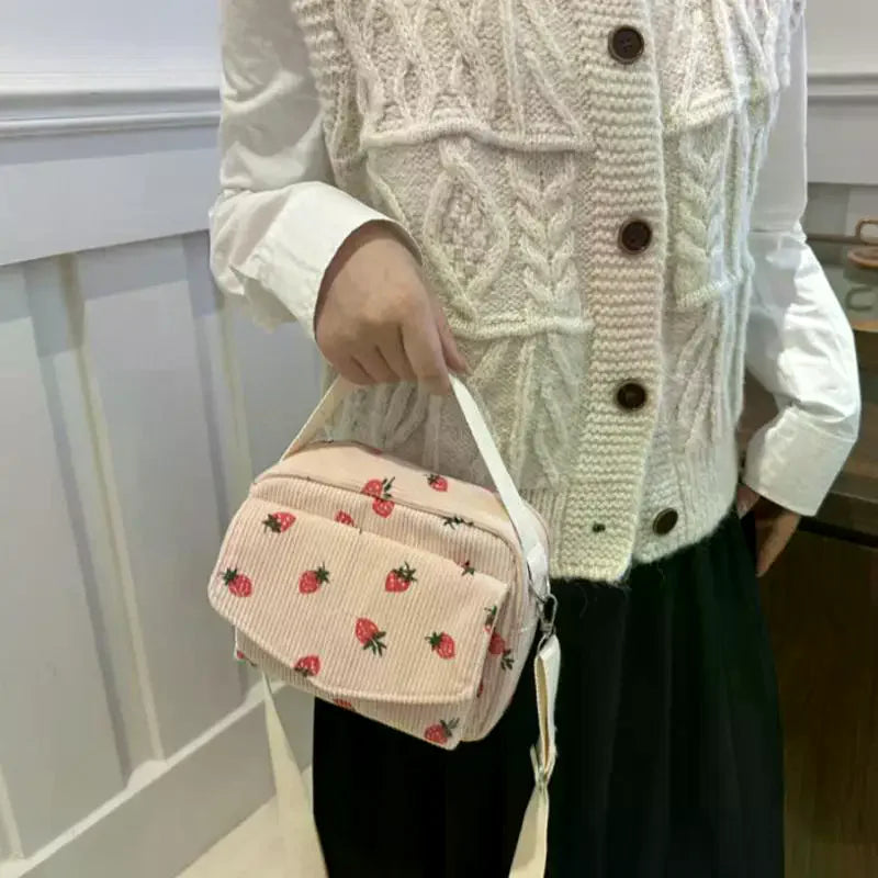 Strawberry Pattern Messenger Bags Corduroy Women's Small Shoulder Bag Teenager Girl Crossbody Bag Cute Tote Student Square Bag Qme