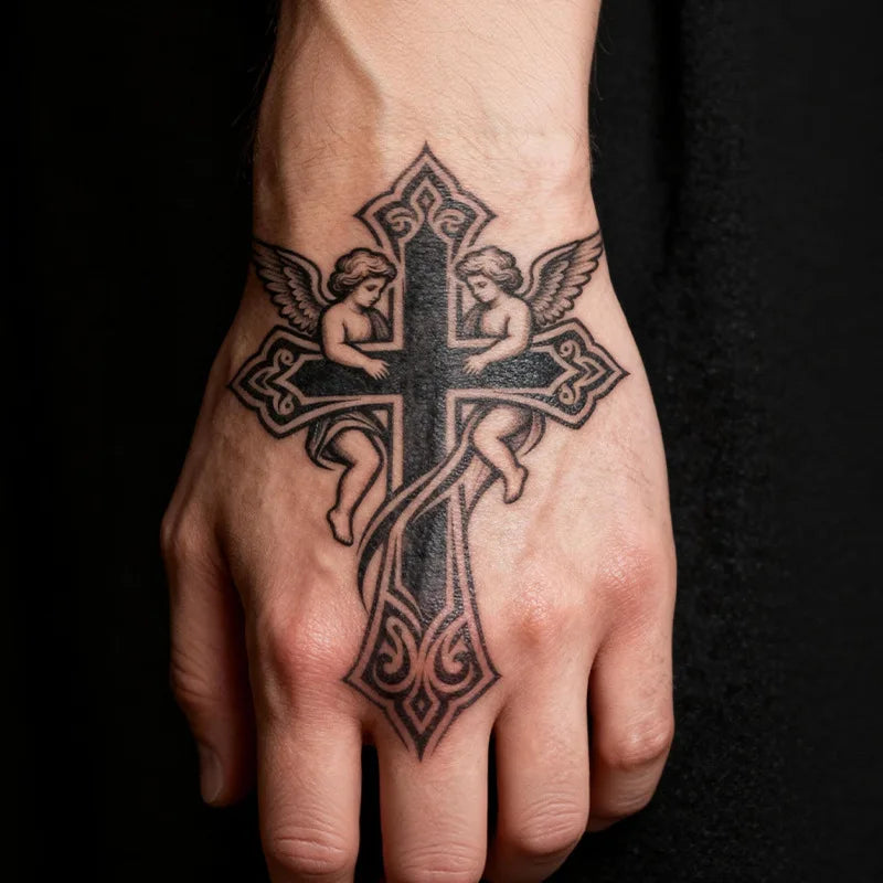 Cross & Angel Temporary Tattoo, Herbal Semi-Permanent Waterproof 7-15 Days, Mystical Religious Fake Tattoo for Arm & Leg Qme